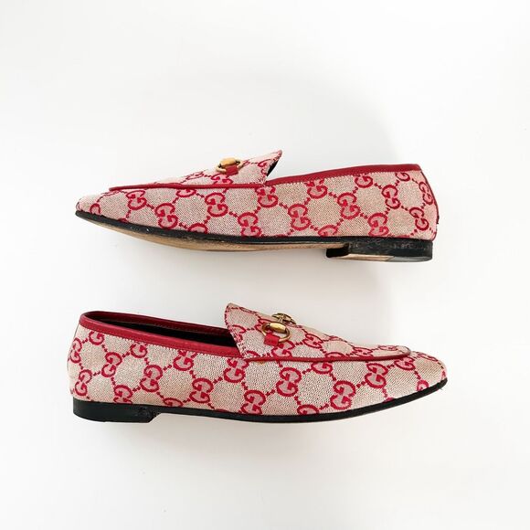 Gucci Jordaan Horsebit Loafer Red GG Canvas Flat Supreme Buckle 37, 7 - Picture 8 of 13